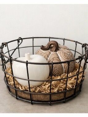 Decorative Wire Basket with Ceramic apple and wood Pumpkins